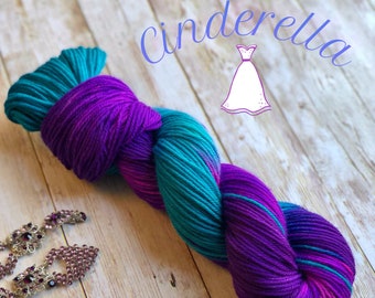 Yarn, PRE-ORDER, cinderella, hand dyed yarn, indie dyed yarn, purple and turquoise yarn, sw merino yarn, wool yarn