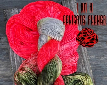 yarn, I am a delicate flower, PRE-ORDER, neon red and green yarn, hand dyed yarn, spring yarn, gray and red yarn with green, indie dyed yarn