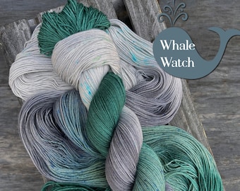yarn, whale watch, PRE-ORDER, teal and gray yarn, ocean themed yarn, indie dyed yarn, speckled yarn, worsted yarn, DK yarn, Sock yarn