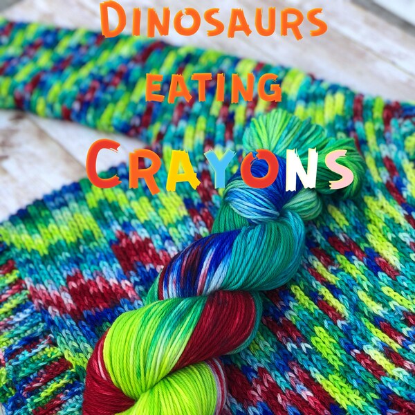 yarn, hand dyed yarn, Dinos eating crayons, PRE-ORDER, worsted, dk, sock, sw merino, pre-orders, indie dyed yarn, red green blue yarn