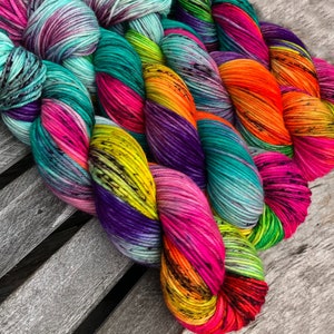 yarn, PRE-ORDER, Flower Child, sw merino, woodstock yarn, bright colored yarn, indie dyed yarn, worsted yarn, dk yarn, sock yarn, neon yarn