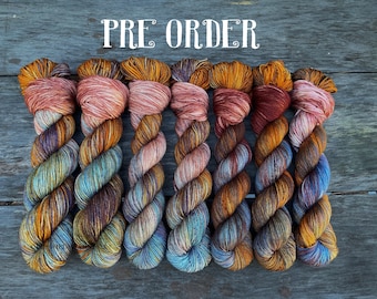 yarn, biblichor, PRE-ORDER, sw merino, dyed sock yarn, worsted yarn, dk yarn, speckled yarn with gold blue and copper, autumn yarn