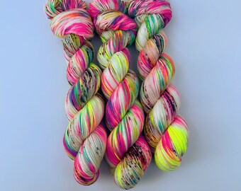 yarn, hello kitty fan club, PRE-ORDERS, speckled yarn, lightly dyed yarn, neon yellow yarn, worsted yarn, DK yarn, sock yarn