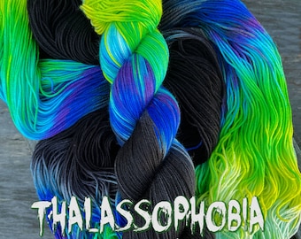 yarn, Thalassophobia, PRE-ORDERS, Worsted yarn, DK yarn, sock yarn,, sw merino yarn, black and neon yarn, black and green yarn