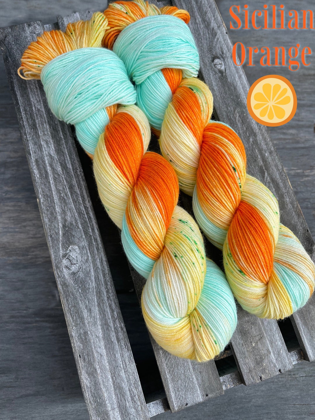 yarn, sicilian orange, PRE-ORDER, orange and blue yarn, sw merino, indie dyed yarn, worsted yarn, DK yarn, sock yarn, green speckle yarn