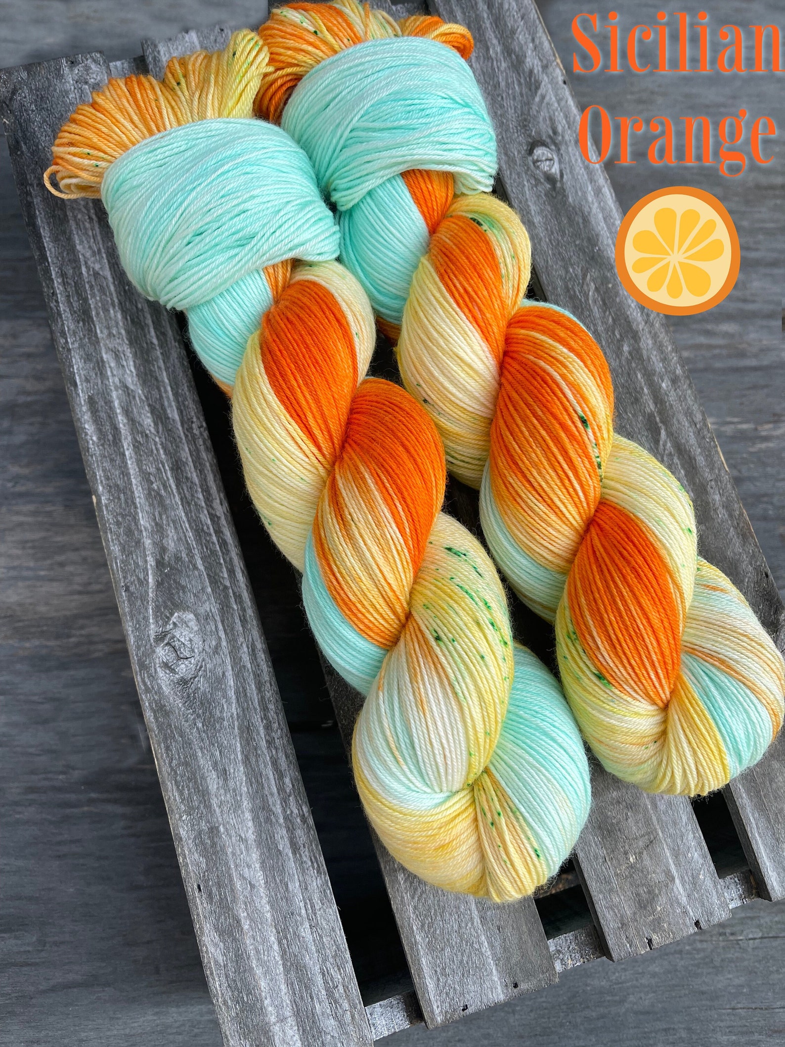 yarn, sicilian orange, PRE-ORDER, orange and blue yarn, sw merino, indie dyed yarn, worsted yarn, DK yarn, sock yarn, green speckle yarn
