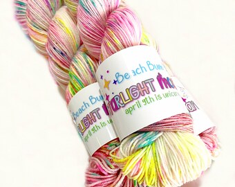 yarn, starlight moonbeam, PRE-ORDER, neon yarn, SW Merino wool yarn, indie dyed yarn, light pastel yarn with neon yellow, light pink yarn