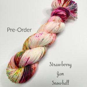 yarn, strawberry jam snowball, PRE-ORDERS, Worsted yarn, DK yarn, sock yarn,, sw merino yarn, white yarn with speckles