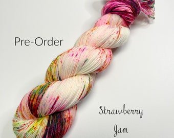 yarn, strawberry jam snowball, PRE-ORDERS, Worsted yarn, DK yarn, sock yarn,, sw merino yarn, white yarn with speckles
