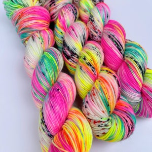 yarn, kitty fan club, PRE-ORDERS, speckled yarn, lightly dyed yarn, neon yellow yarn, worsted yarn, DK yarn, sock yarn