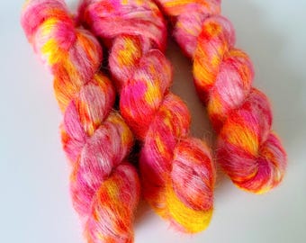 Solar Flare: Indie dyed lace yarn, neon yellow with pink and orange, fluffy silk alpaca