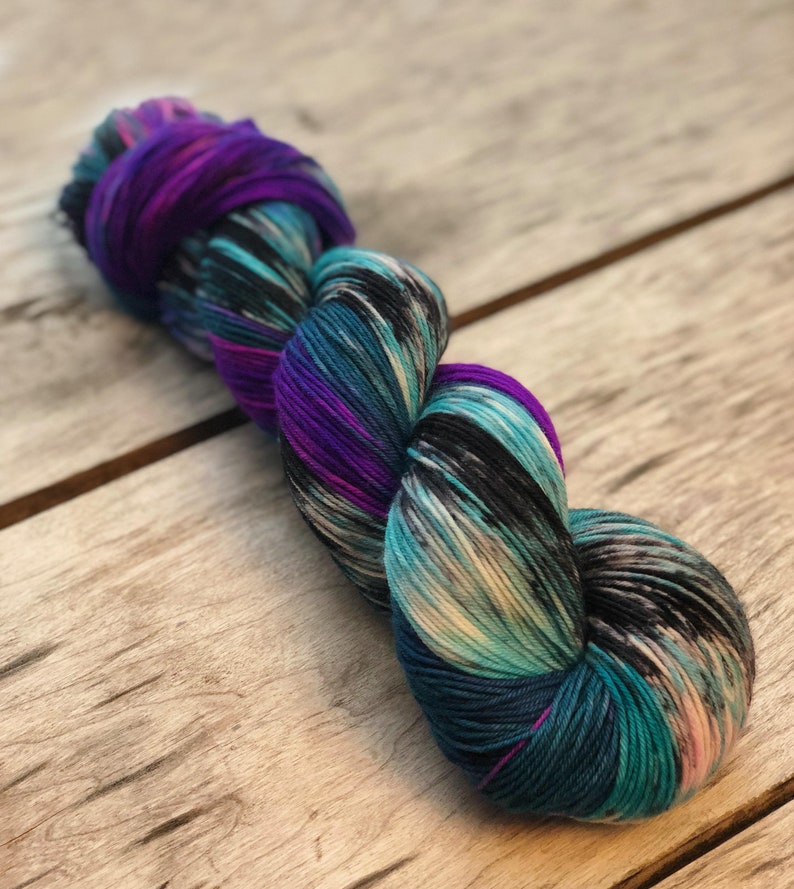 crocheting Pre-order yarn yarn for knitting Mother/'s Day gift Party at my castle yarn Hand dyed yarn Violet and teal yarn with black