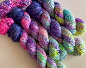 yarn, Spin The Bottle, PRE-ORDER, pastel yarn, indie dyed yarn, 80's inspired yarn, sw Merino yarn, pink and blue yarn,light variegated yarn
