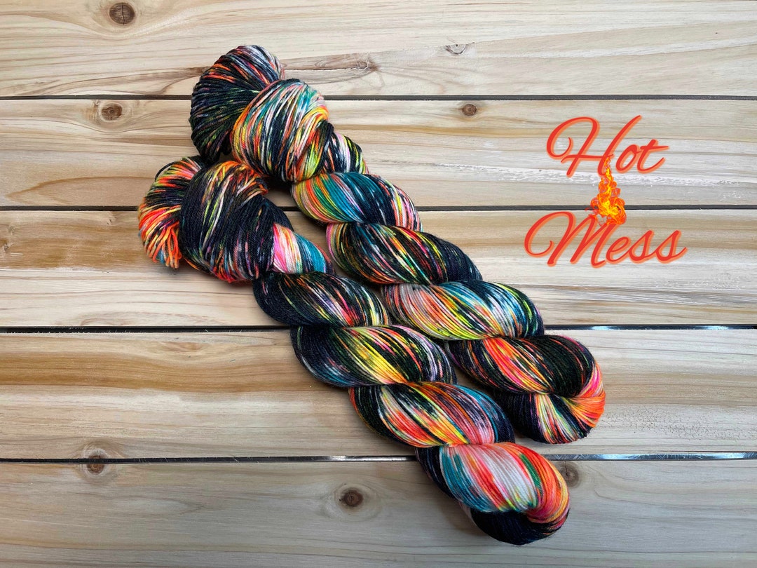 yarn, hot mess, PRE-ORDER, hand dyed yarn, neon yarn, sw merino yarn, handdyed yarn, neon yarn with black, worsted, DK, sock, fingering yarn