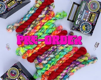 Yarn, Boom Box sock kit, PRE-ORDER, mini skeins, sock minis, 80s theme, 90s theme, indie dyed yarn, indie dyed yarn, neon sock mini set