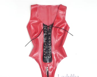 High Cut Lace-Up Front  Latex Rubber Body / Swimsuit with 2-way crotch zip