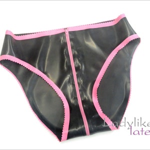 Latex Rubber Bikini style briefs with front zip through to rear.