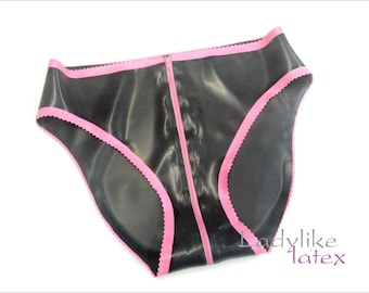 Latex Rubber Bikini style briefs with front zip through to rear.