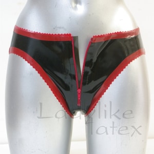 Latex Rubber Bikini style briefs with front zip.