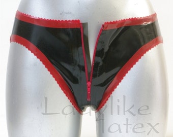 Latex Rubber Bikini style briefs with front zip.