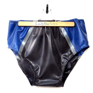 Mens briefs with elasticated waist and legs  in latex rubber.