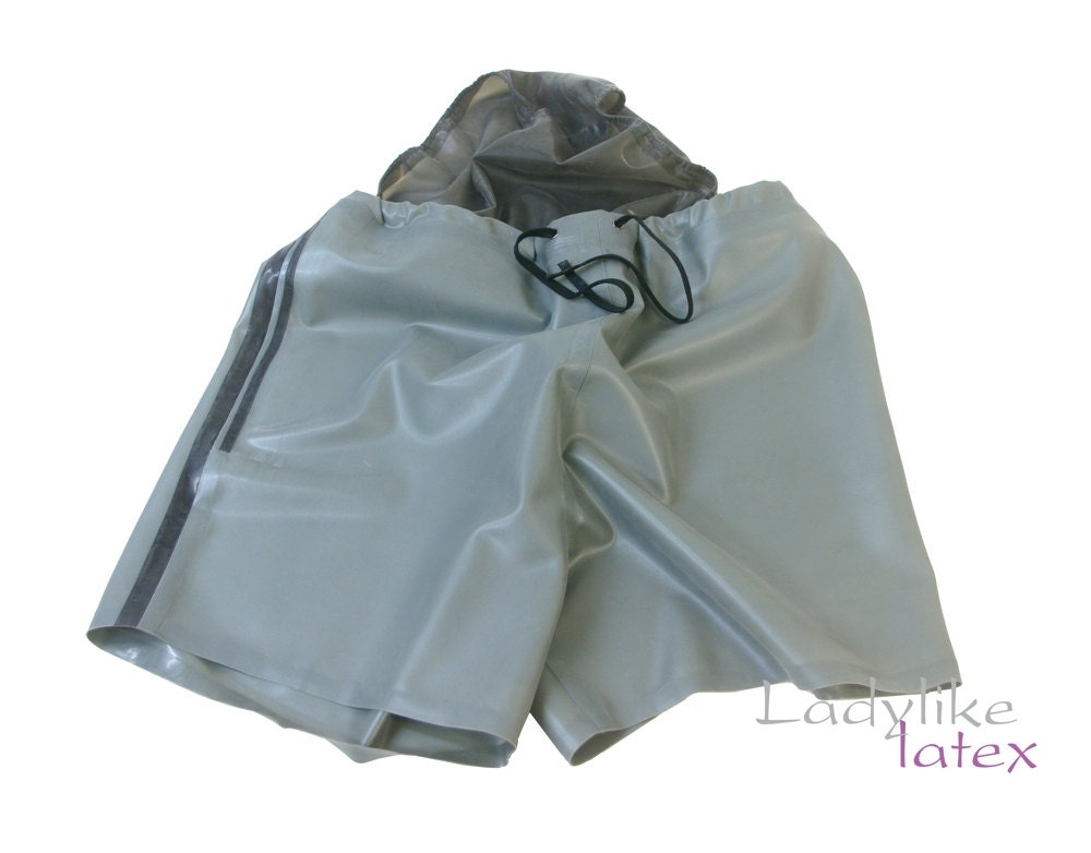 Image of Latex Drawstring Swim Shorts C/W Elasticated Inner Briefs Lining in Matt | Reduced Shine Silver Latex