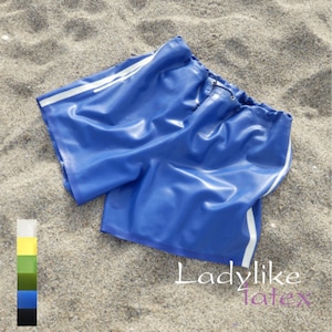 Latex drawstring swim shorts c/w 2 side pockets and latex inner briefs lining