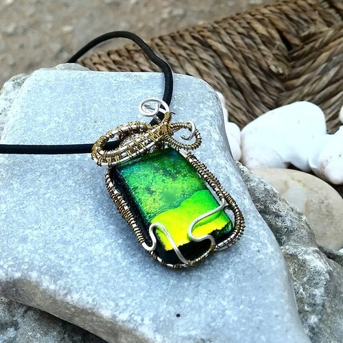 Green Glass Pendant, Wire Wrapped Glass Fusion shops Pendant, Iridescent Necklace, Unisex Dichroic Wired Glass Shimmering Pendant