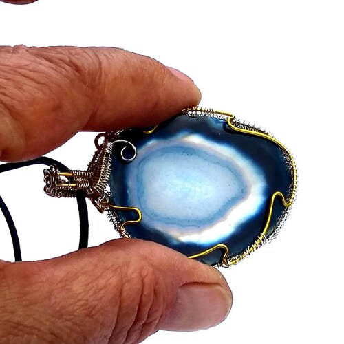 SOLD ! WireWrap Moss Agat Necklace, Blue Sliced Agate, Natural Geode Crystal Pendant, Shaman Raw Gemstone, Spiritual , shops New Age Pendant