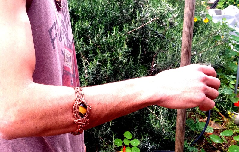 Cooper Artisan Modern Bracelet Tiger Eye Wirewrapped Bracelet Cooper Wire Jewelry Ornament Stone Bracelet Cuff Earthy Weave Bangle