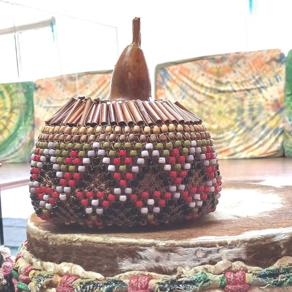 Beaded Dried Gourd Rattle, Shekere' Percussion Musical Instrument, Cabasa, Agbe', Drummers Set Up, Hand Made Maracas