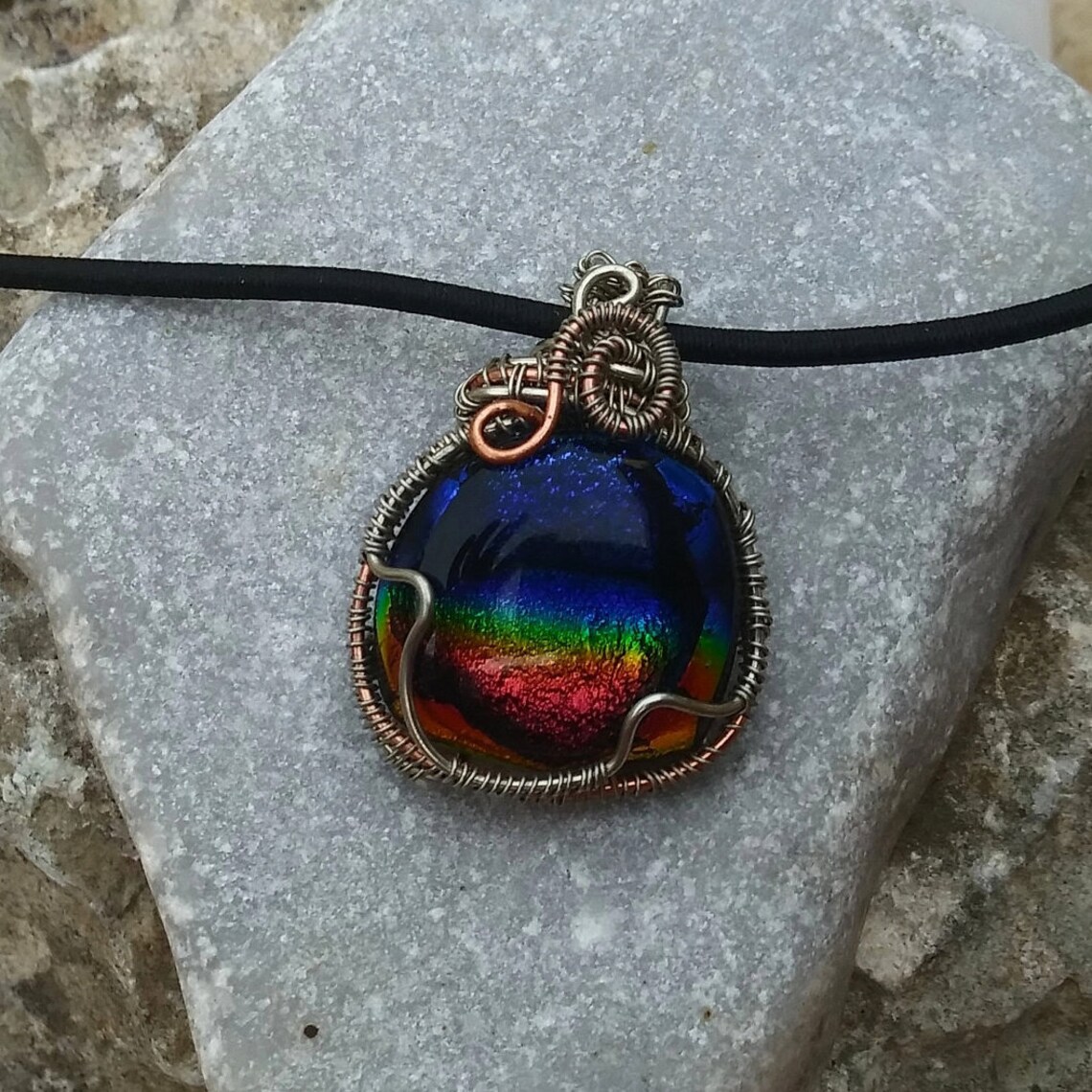 Rainbow Glass Pendant, Wire Wrap Glass Fusion Pendant, Iridescent