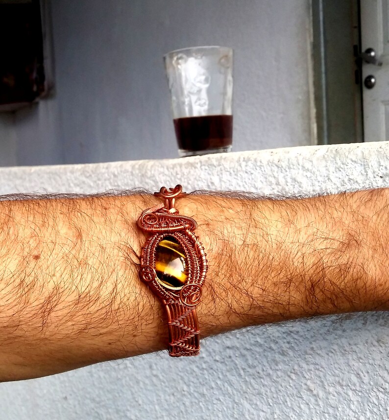 Cooper Artisan Modern Bracelet Tiger Eye Wirewrapped Bracelet Cooper Wire Jewelry Ornament Stone Bracelet Cuff Earthy Weave Bangle