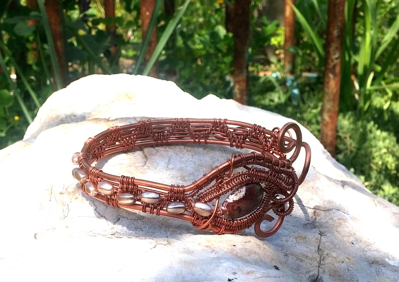 Cooper Artisan Modern Bracelet Tiger Eye Wirewrapped Bracelet Cooper Wire Jewelry Ornament Stone Bracelet Cuff Earthy Weave Bangle