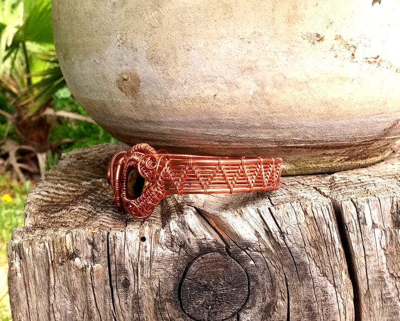 Cooper Artisan Modern Bracelet Tiger Eye Wirewrapped Bracelet Cooper Wire Jewelry Ornament Stone Bracelet Cuff Earthy Weave Bangle