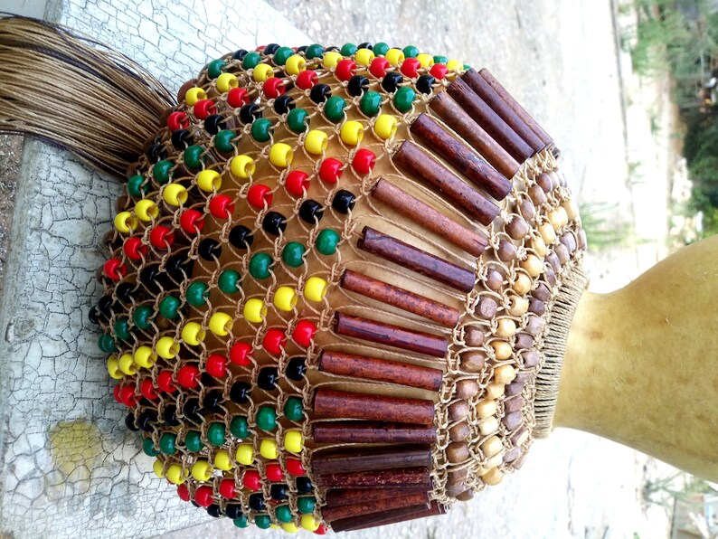 Beaded Dried Gourd Rattle, Shekere' Percussion Musical Instrument