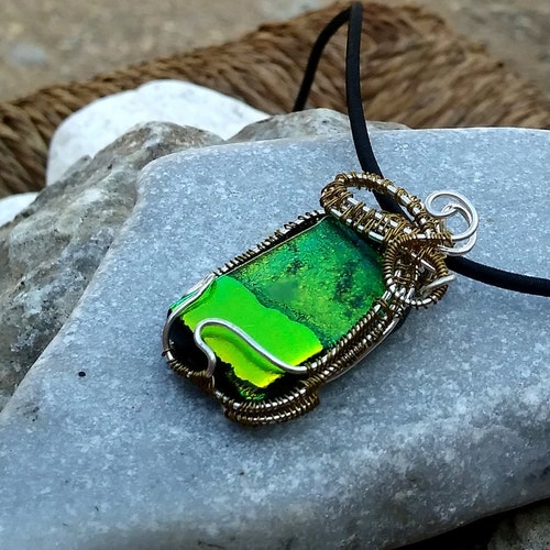 Green Glass Pendant, Wire Wrapped Glass Fusion shops Pendant, Iridescent Necklace, Unisex Dichroic Wired Glass Shimmering Pendant