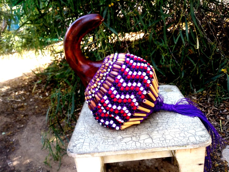 SOLD Beaded Dried Gourd Rattle, Shekere' Percussion , Drummers Set Up