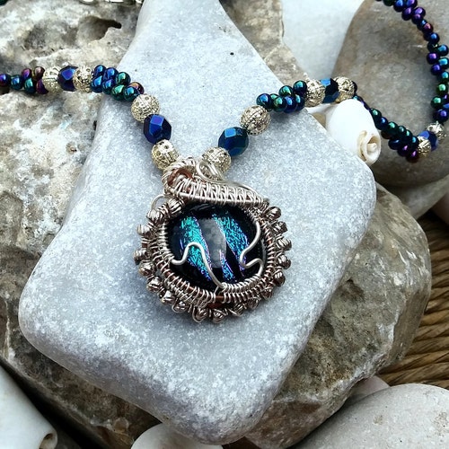 Blue Wire wrap Dichroic shops Pendant, Wire Weave Iridescent Glitter Glass Fusion Necklace, Beaded Necklace Pendant, Melted Glass Necklace