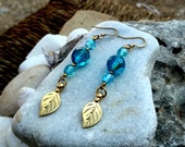 Gold Light Blue Earrings, Drop Dangle Crystal Glass Engraved Earrings, Faceted Blue Sea Drop Earrings, Gold Leaf Earrings