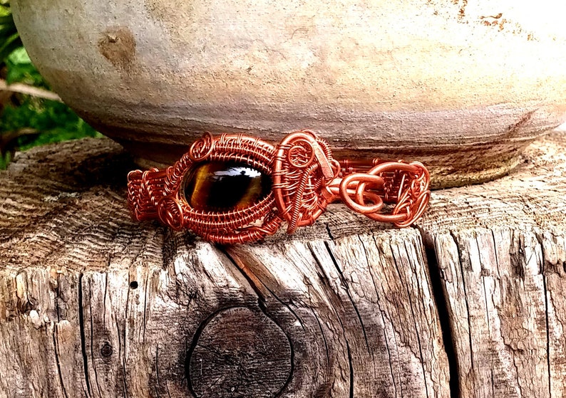 Cooper Artisan Modern Bracelet Tiger Eye Wirewrapped Bracelet Cooper Wire Jewelry Ornament Stone Bracelet Cuff Earthy Weave Bangle