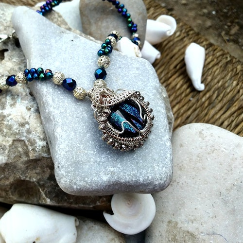 Blue Wire wrap Dichroic shops Pendant, Wire Weave Iridescent Glitter Glass Fusion Necklace, Beaded Necklace Pendant, Melted Glass Necklace