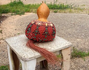 Beaded Dried Gourd Rattle, Shekere' Percussion Musical Instrument, Cabasa, Agbe', Drummers Set Up, Hand Made Maracas