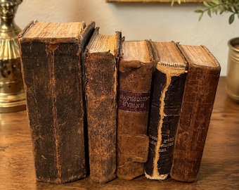 Lot of 5 Antique Leather-Bound Books, Distressed Vintage Hymnals, Primitive Bookshelf Decor, Old Book Bundle