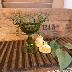 Vintage Fenton, green, avocado, thumbprint ruffled crimped glass compote