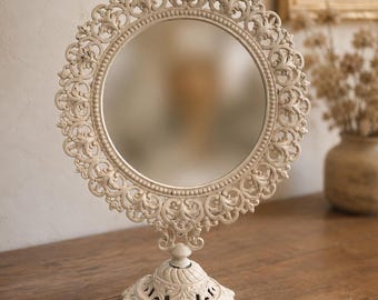Vintage Ornate Tabletop Vanity Mirror, Cream Painted Metal Tilting Mirror, Filigree Pedestool Dresser Decor