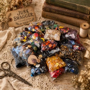 May include: A large collection of assorted sewing buttons in various colors, shapes, and sizes, packaged in multiple clear plastic bags. The buttons include plastic, metal, and wooden varieties in shades of red, yellow, blue, black, and gold.
