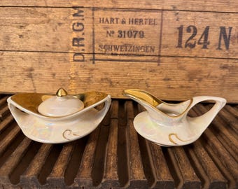 Juego de tapa, azucarero y cremera de loza lustrosa, estilo art déco vintage