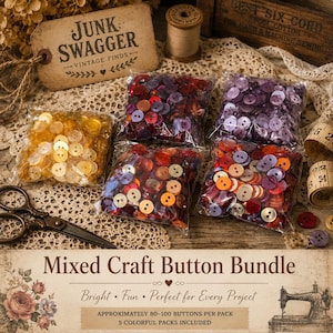 May include: Five clear plastic bags filled with small, round, four-hole buttons in assorted colors including yellow, red, purple, and orange. The bags are arranged on a lace surface alongside a tag labeled Junk Swagger, a spool, and scissors.