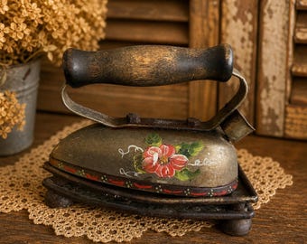 Hand-painted Antique Iron w/Trivet- cast iron, floral, decorative, home decor